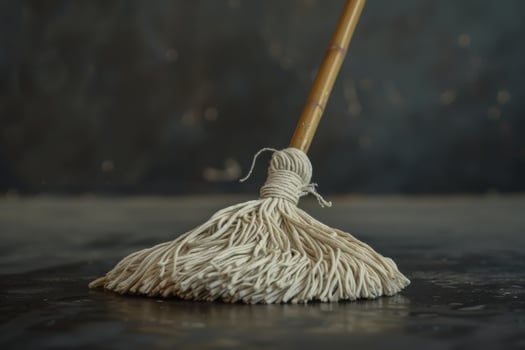 A cotton mop rests on a dark surface, highlighting its texture and material photo