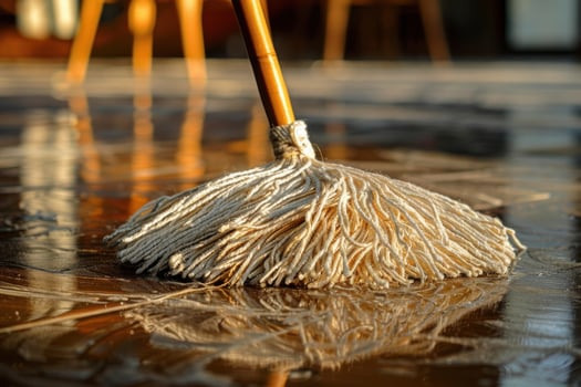 Mop cleaning a wooden floor in a sunlit room during the afternoon photo