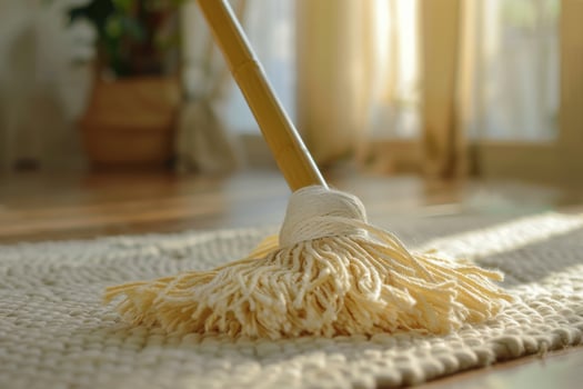 Cleaning a cozy living room with a mop during the afternoon sunlight photo