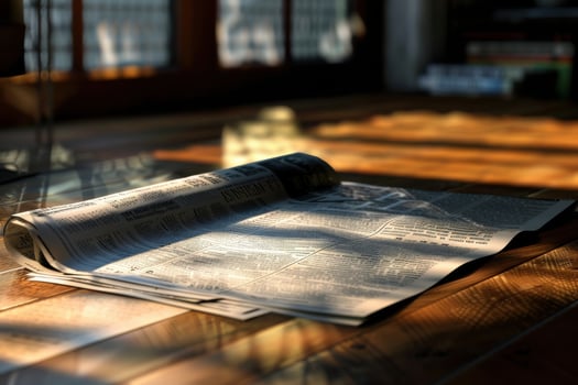A newspaper resting on a wooden table, illuminated by morning sunlight photo