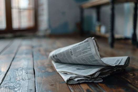 A rolled-up newspaper rests on a wooden floor in a cozy room with natural light streaming through the window photo