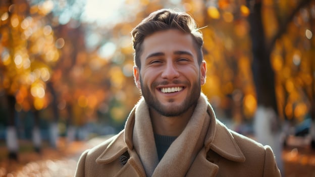 Smiling Young Man in Autumn Park, Showcasing Joy and Warmth photo