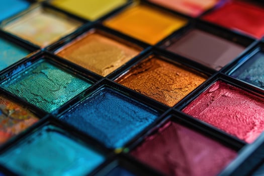 Colorful watercolor paints arranged on a palette with vibrant hues during an art session photo