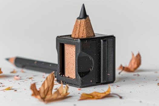 A close-up of a pencil and sharpener surrounded by shavings and dried leaves on a light surface photo
