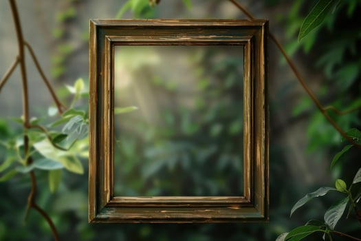 An empty wooden frame surrounded by lush greenery in a serene outdoor setting during golden hour photo