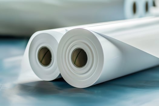 Rolls of smooth white paper stacked on a blue surface in a well-lit workspace photo