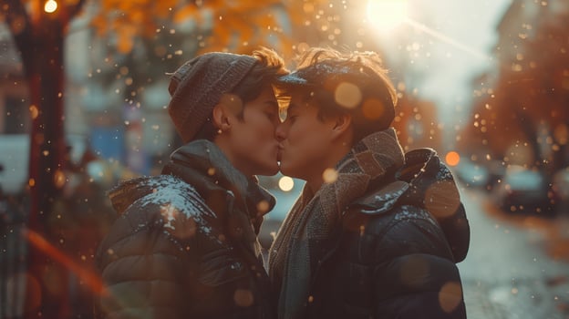 Beautiful Photo of a Gay Couple Kissing in Winter with Snow and Warm Sunlight