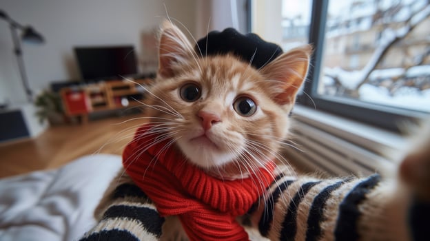 Cute Cat Taking Selfie in Cozy Home with Red Scarf and Black Hat photo
