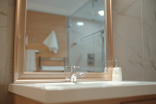 Modern bathroom with elegant mirror and sink, featuring a clean design and natural light photo