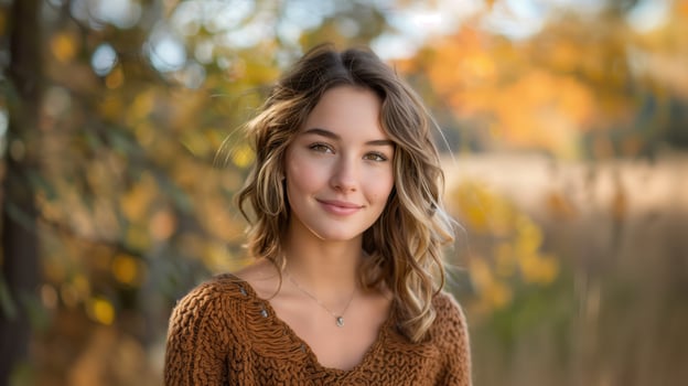 Portrait of a Smiling Woman in Autumn Setting with Golden Leaves Background photo
