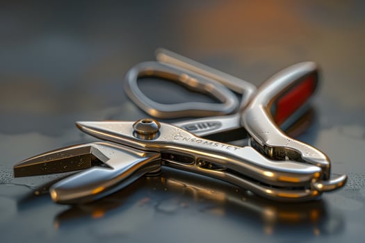 Close-up of shiny pruning shears resting on a wooden surface with water droplets in outdoor lighting photo