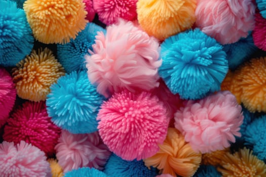 Colorful pom-poms in vibrant pink, blue, yellow, and orange shades piled together on a surface photo