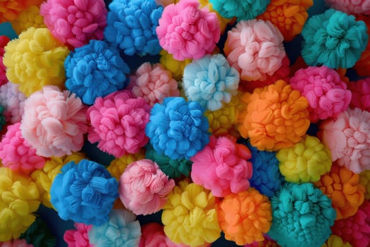 Colorful pom-poms spread across a vibrant surface during a craft project in a bright workspace photo