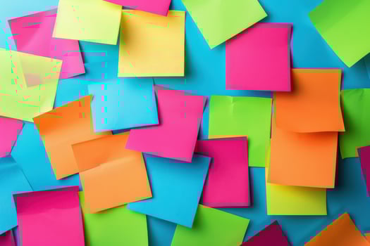 Colorful assortment of sticky notes on a blue surface in a creative workspace photo
