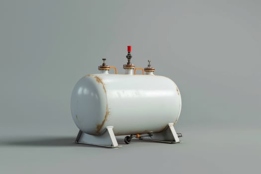 White propane tank with three valves positioned on a gray surface, showcasing industrial design and functionality photo