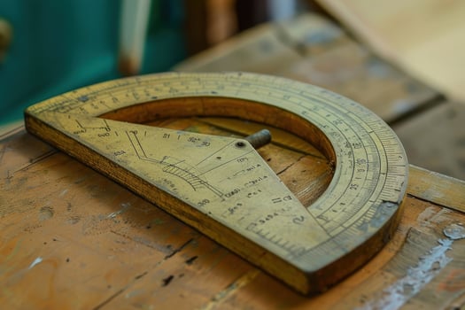 Antique wooden protractor displayed on a rustic wooden table in a workshop setting photo