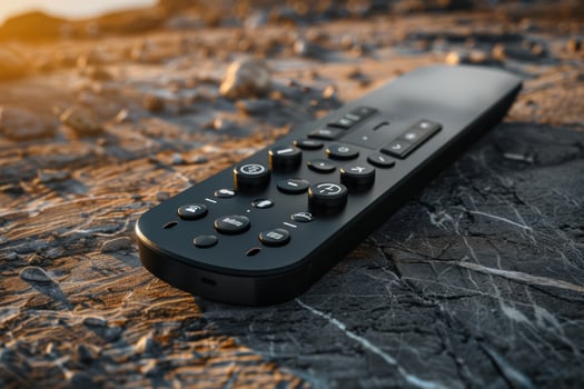 Remote control resting on a rocky surface during sunset photo
