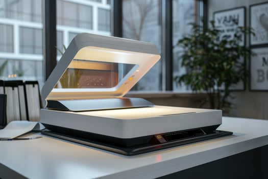 Modern document scanner on a sleek desk in a bright office with plants and large windows photo