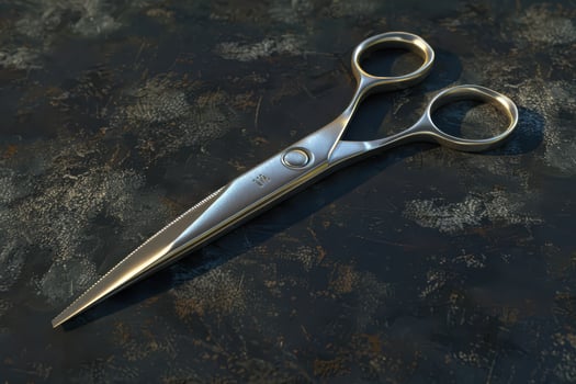 Stainless steel scissors resting on a textured dark surface photo