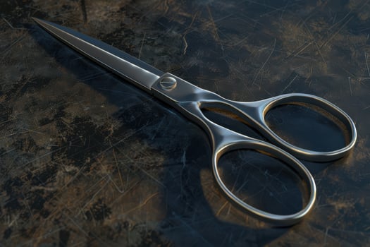 A pair of stainless steel scissors resting on a textured dark surface in a well-lit workspace photo