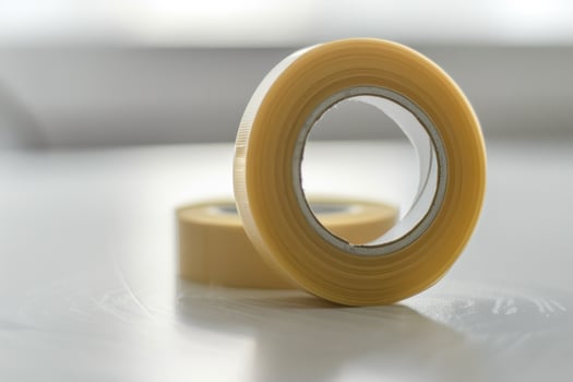Two rolls of clear adhesive tape on a flat surface with natural light in the background photo