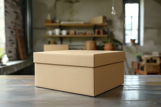A brown cardboard box placed on a wooden table in a cozy, minimalistic indoor space filled with plants and pottery photo