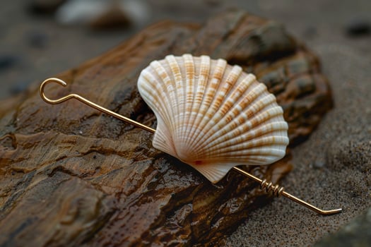 Golden hook through a scallop shell resting on a smooth rock along a sandy beach at sunset photo