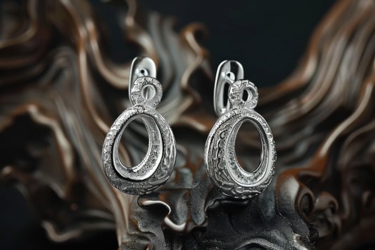 Elegant silver earrings with intricate design displayed on a textured dark background photo