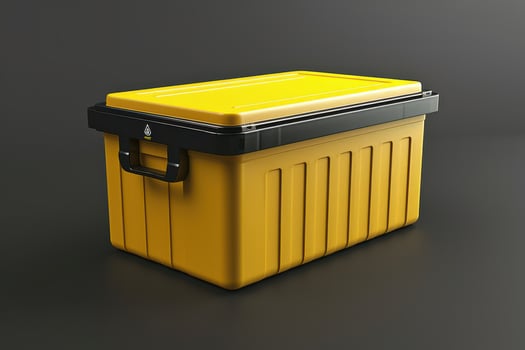 Yellow storage box with a black lid on a dark background photo