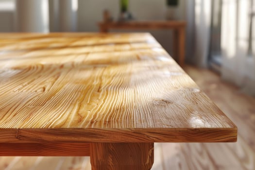 Simple wooden tabletop with natural grain and soft lighting in a bright room photo