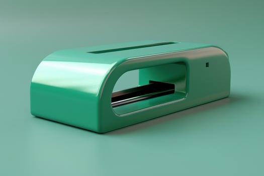 A glossy teal stapler on a smooth teal background, showcasing its sleek design and functional features in a modern workspace photo