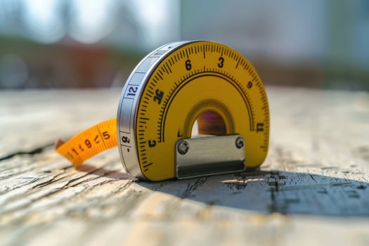 Close-up of a yellow measuring tape and protractor lying on a wooden surface in natural light photo