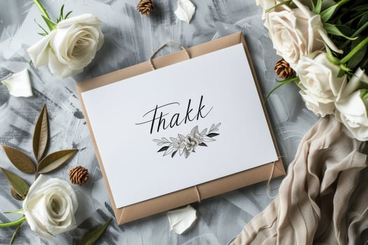 Thank you card with floral design surrounded by roses and pinecones on a textured gray surface photo
