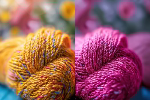 Colorful yarns in vibrant yellow and pink, displayed against a blurred floral background photo