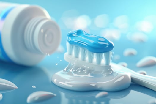 Toothbrush with blue toothpaste on a light blue background during early morning bright light photo