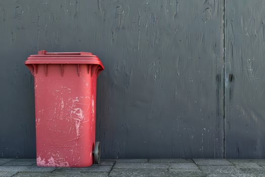 Red garbage bin against a gray wall in an urban alley during daylight photo