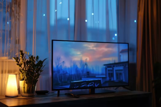 Cozy indoor evening with a television displaying a serene landscape and soft lighting from a lamp photo
