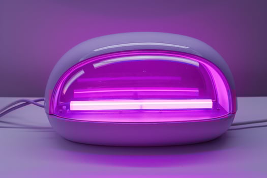 UV nail lamp with purple glow set on a white surface photo