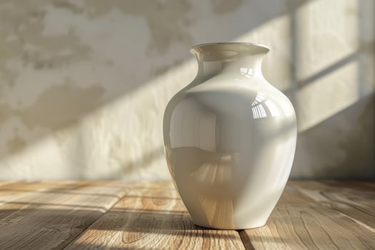 White ceramic vase on wooden table with soft sunlight streaming through the window photo