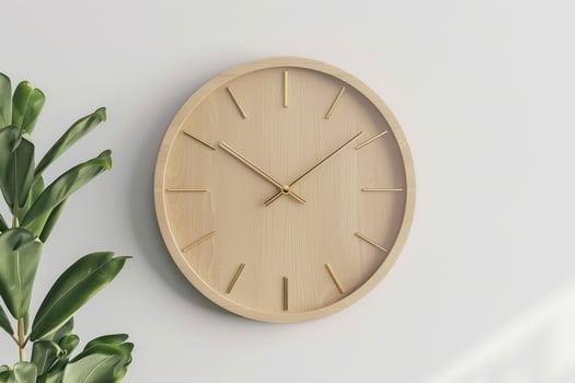 Simple wooden wall clock with brass hands displayed next to greenery in a modern room photo