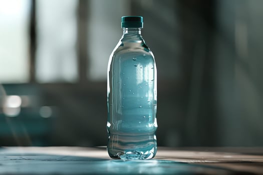 Clear plastic water bottle on wooden surface with sunlight streaming through window photo