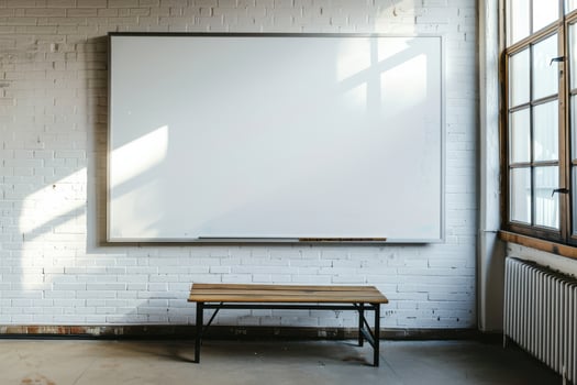 Bright classroom with empty whiteboard and wooden bench in a sunny educational space photo