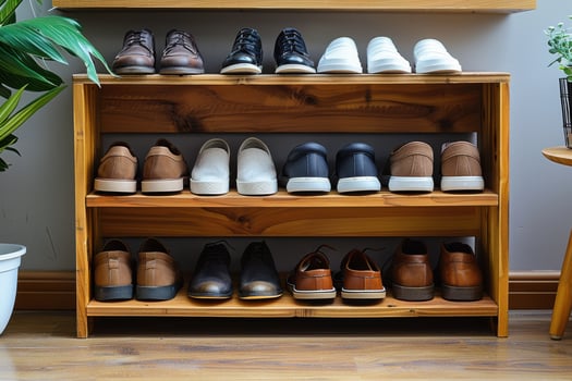 Shoe shelf displaying various styles in a modern interior setting photo