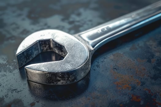 Close-up of a shiny adjustable wrench on a weathered metal surface photo