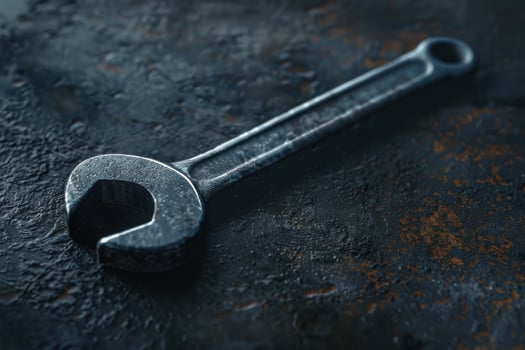 A close-up view of a metallic adjustable wrench resting on a textured surface in a workshop setting photo