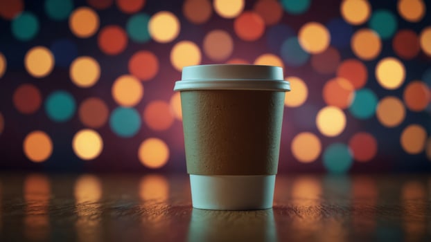 Disposable Coffee Cup on Colorful Geometric Background. photo
