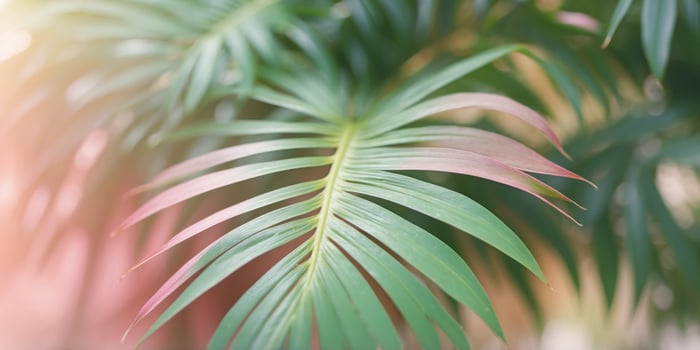 The image showcases a close-up of palm leaves with a soft pastel color palette, giving a tranquil tropical feel. photo