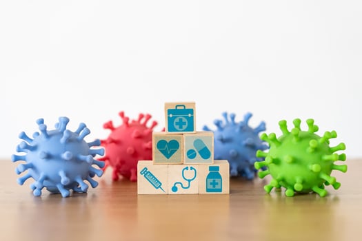 Healthcare. medical icon on wooden cube block stack on background with copy space, vaccination, laboratory, virus prevention, health, medical technology and insurance concept photo