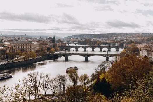 Beautiful fall day overlooking the Vltava River in Letna Park in Prague photo