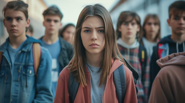 Group of Teenagers in a School Yard Expressing Gloomy Emotions photo